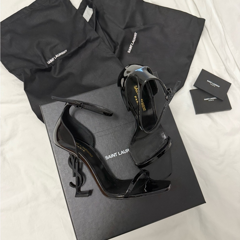 Opyum YSL Logo-Heel Sandals with Black Hardware